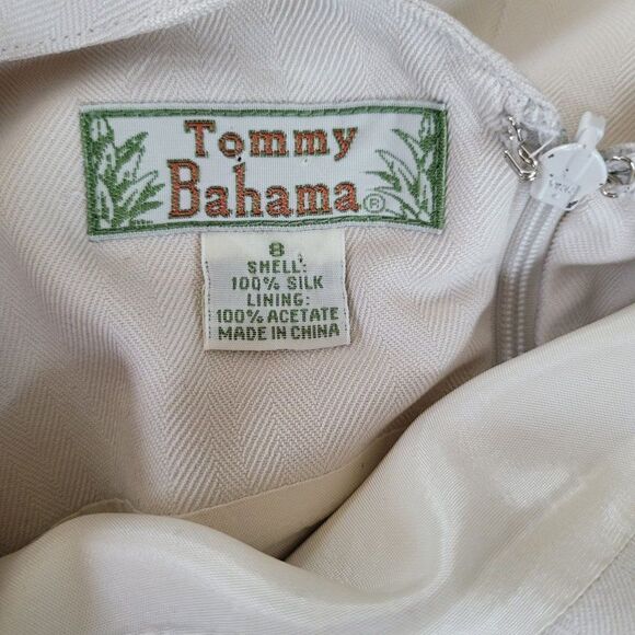 90's Tommy Bahama Mini Sheath Dress 8 Beige 100% Silk Capsule Sleeveless V-neck - Picture 4 of 9